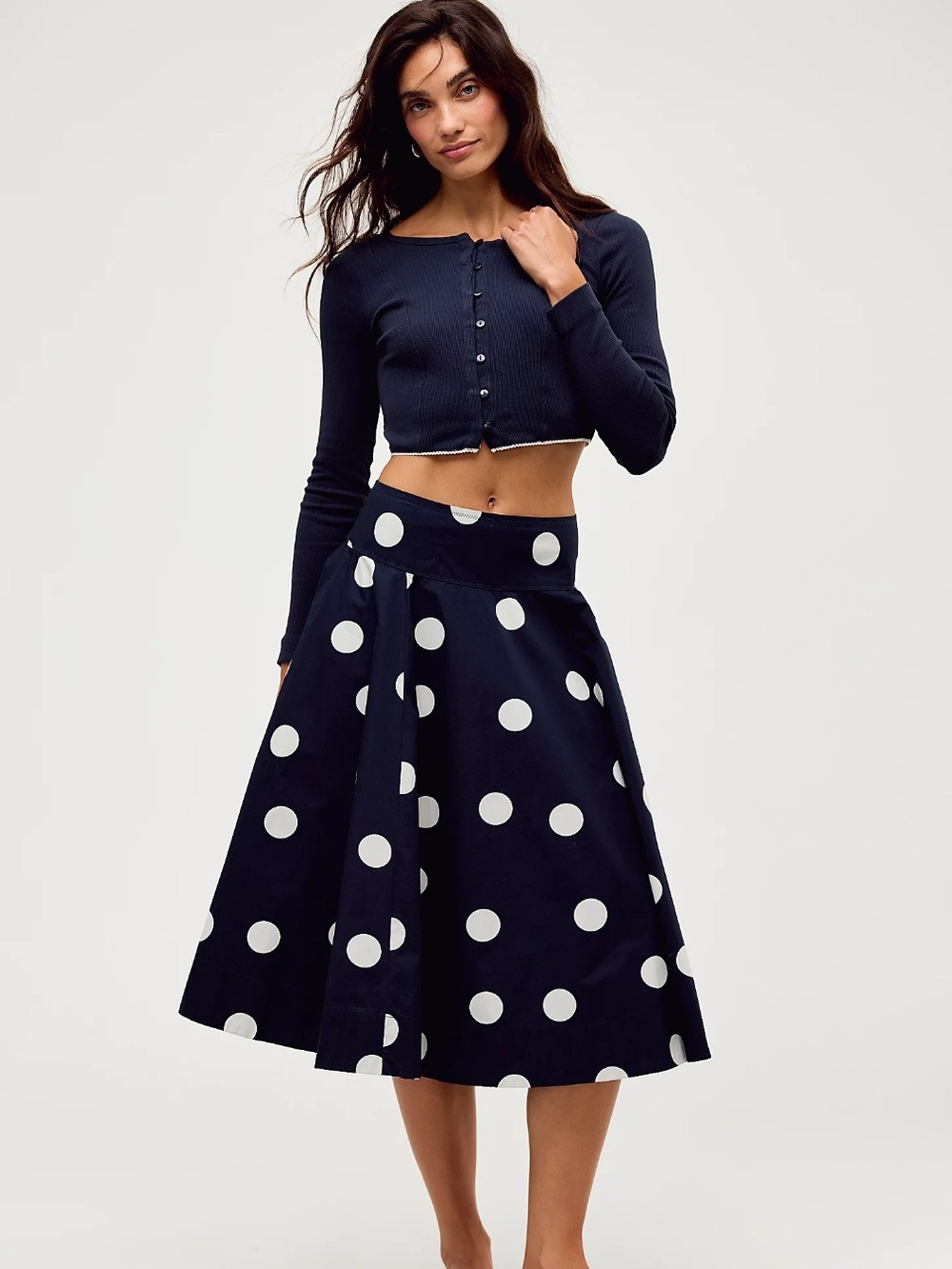Free People Laverne Set Polka Dot Midi Skirt Cardigan Black and White Small NEW